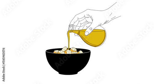 Hand pouring dressing over a bowl of croutons on white background, healthy salad preparation concept