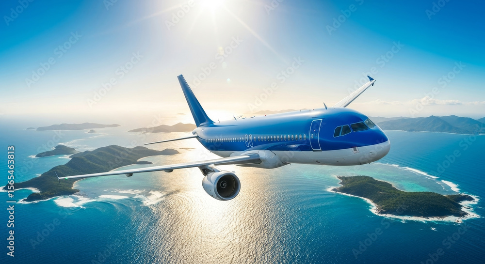 Fototapeta premium Airplane Flying Over Tropical Islands - A passenger airplane soars above a stunning archipelago of lush green islands surrounded by turquoise water under a bright sun