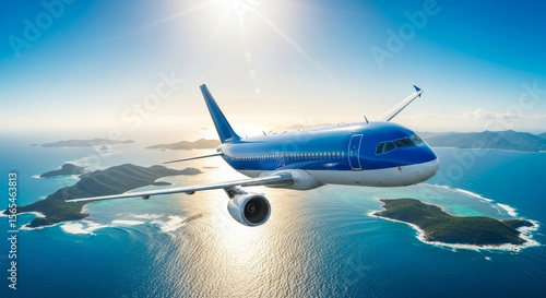 Wallpaper Mural Airplane Flying Over Tropical Islands - A passenger airplane soars above a stunning archipelago of lush green islands surrounded by turquoise water under a bright sun Torontodigital.ca