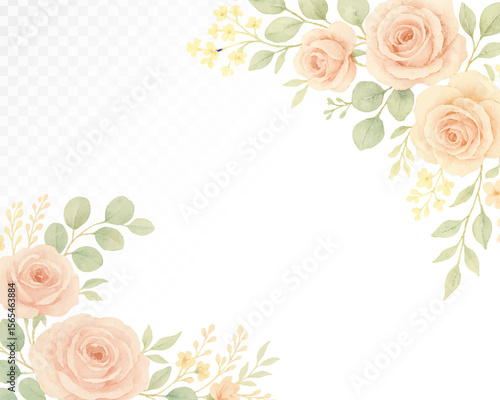 Elegant watercolor floral corner frame with soft pastel roses and green foliage in delicate romantic style for wedding invitations, greeting cards, and decorative festive projects. Vector illustration