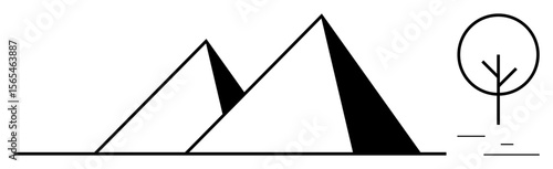 Two geometric pyramids and a round tree symbolize nature, balance, and simplicity. Ideal for minimalism, nature, travel, tourism, outdoor adventure, eco-friendliness simple landing page