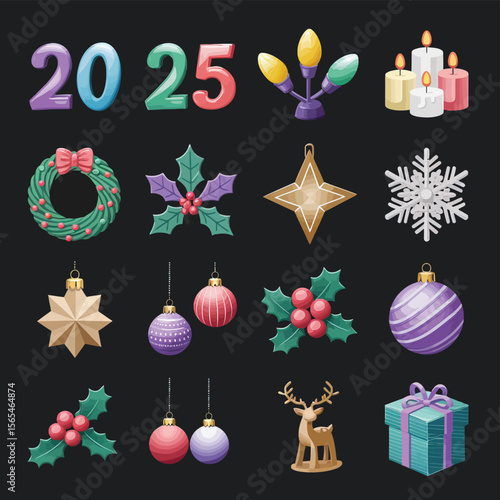 vector Happy New Year Celebrating 2025 in Latin letters , Christmas Decoration Items Santa Claus