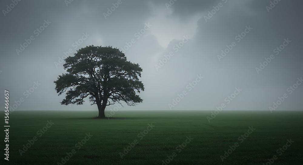 Obraz premium An Oak Tree Stands Silhouetted Against a Misty Sky, its Branches Reaching out in the Foggy Landscape, Casting a Lonely Shadow over the Green Field on a Gloomy Day