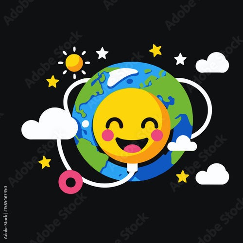 Happy Earth Day Illustration-Smiling Emoji Earth Surrounded by Stars Clouds and Sun-Global Harmony and Environmental Awareness Graphic Design