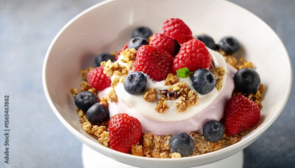 detailed berry parfait with whipped cream n fresh berries and granola in white pedestal bowl detailed berry parfait with whipped cream n fresh berries and granola in white pedestal bowl