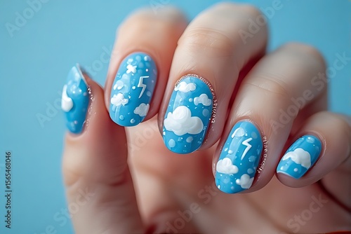 Baby blue nails with cloud and lightning bolt designs
