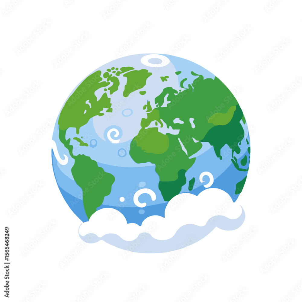 Fototapeta premium Cute Cartoon Earth Globe Floating on Clouds-World Geography Illustration-Climate and Environment Concept-Educational Resources-Digital Art for Kids Projects