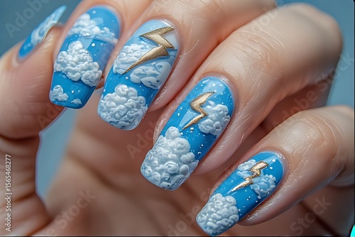 Baby blue nails with cloud and lightning bolt designs