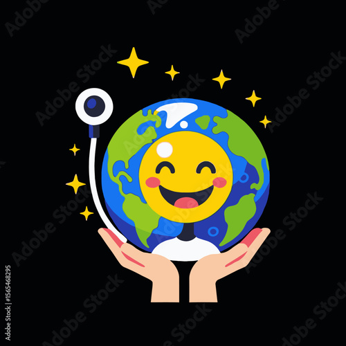Smiling Earth Illustration- Earth Day Concept- Cartoon Globe with Smiley Face- Planet in Hands- Environmental Awareness- Starry Background