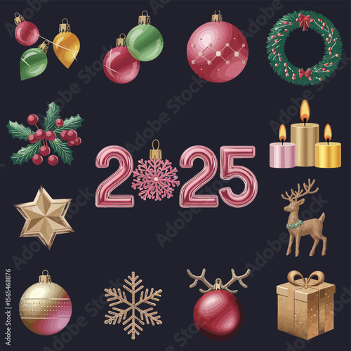 vector Happy New Year Celebrating 2025 in Latin letters , Christmas Decoration Items Santa Claus