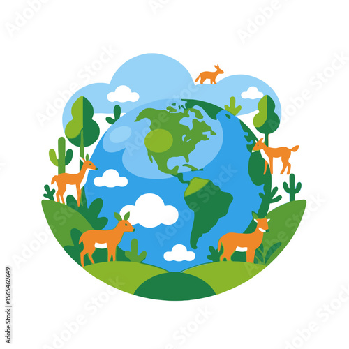 Earth Day Illustration with Deer and Fox - Save the Planet - Nature Conservation Concept - Environmental Awareness - Green Earth with Animals