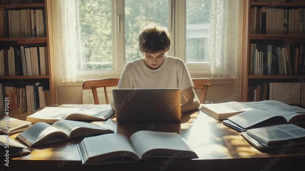 Concentrated pupil using laptop for online learning and completing homework, sitting at wooden table full of open books in home library with window in background, enjoying quiet study time Concentrated pupil using laptop for online learning and completing homework, sitting at wooden table full of open books in home library with window in background, enjoying quiet study time