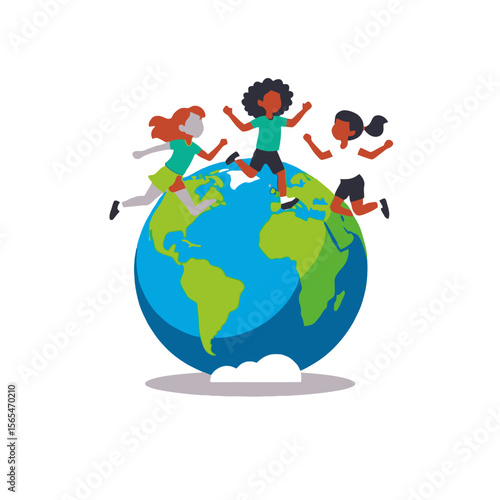 Global Unity-Three Diverse Girls Running Around the World-Celebrating Friendship and Cultural Diversity-Promoting Peace-Illustrating International Cooperation