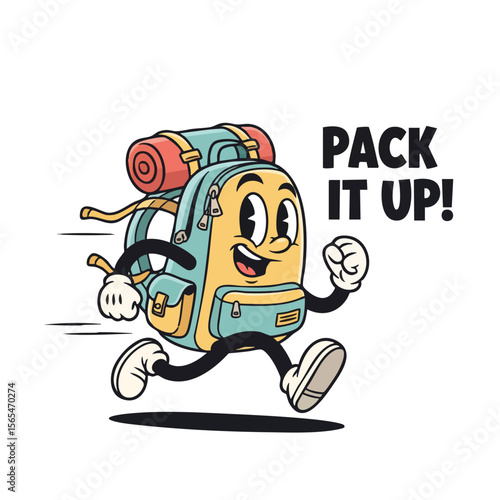 Retro Cartoon Backpack Character Running With Smiling Face and Travel Gear