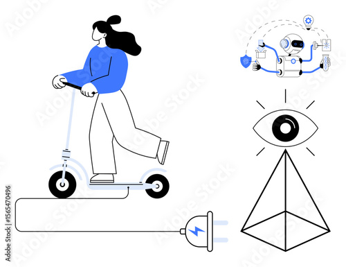 Woman riding electric scooter connected to power plug, robot managing digital data, all-seeing eye with pyramid. Ideal for sustainability, technology, innovation, mobility, vision, future progress