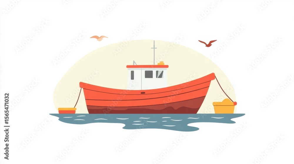 Naklejka premium A bright red fishing boat floats peacefully on calm water, surrounded by seagulls. This whimsical illustration captures the essence of coastal life and adventure.