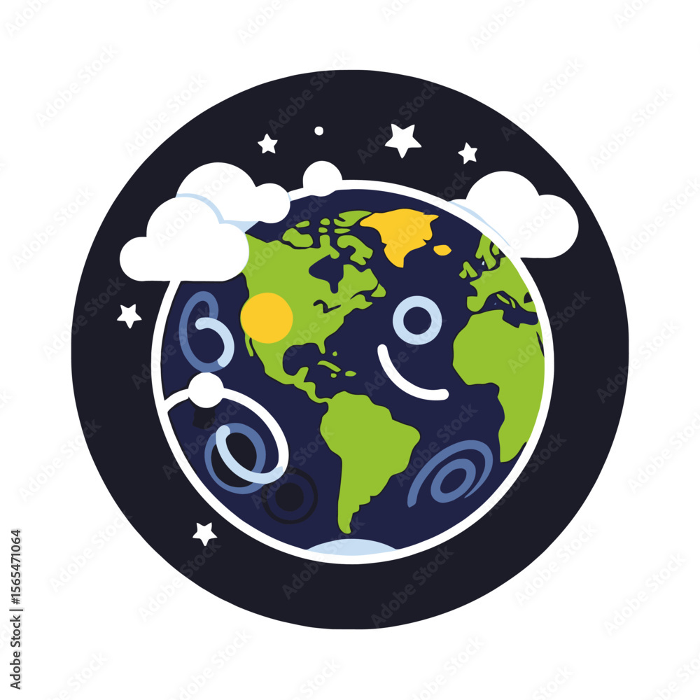 Fototapeta premium Cartoon Earth Illustration-Whimsical World Globe Design-Earth with Clouds and Stars-Children's Illustration of Planet Earth-Cute Earth Drawing for Kids