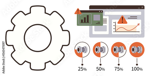 Large gear symbol next to graphs, performance levels at 25, 50, 75, and 100, and alert icons. Ideal for workflow processes, system optimization, monitoring performance analytics troubleshooting