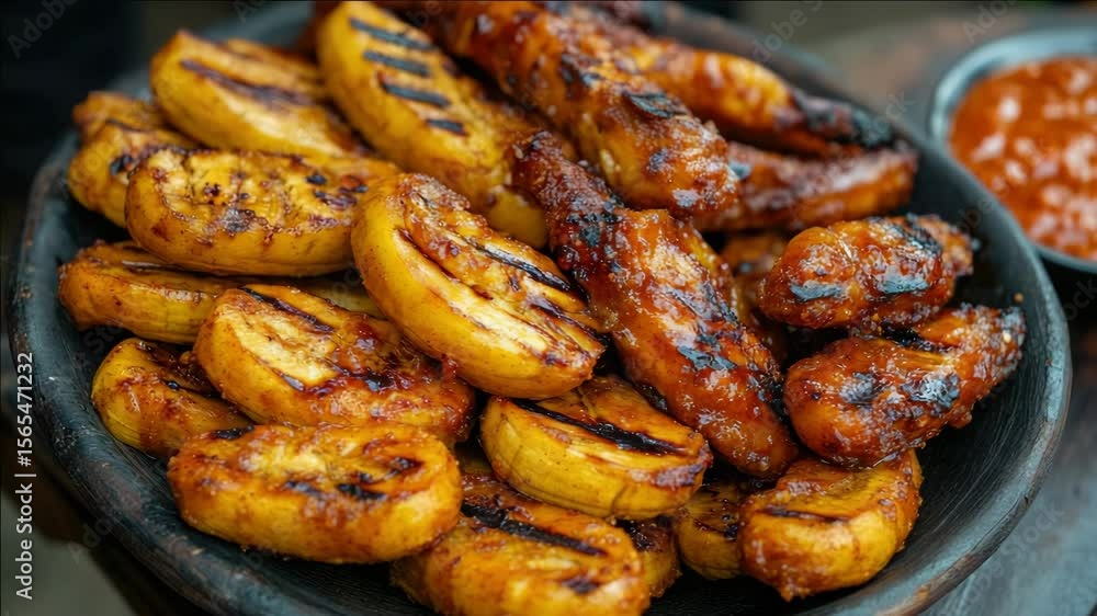 A bowl of food with grilled bananas and chicken. There is a sauce on the side A bowl of food with grilled bananas and chicken. There is a sauce on the side