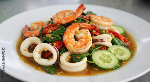 A plate of Thai stir-fried shrimp squid basil and chili.