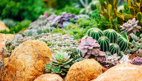 Fototapeta Naklejka Na Ścianę i Meble -  Colorful desert succulents and cacti arrangement in rock garden, formed landscape design