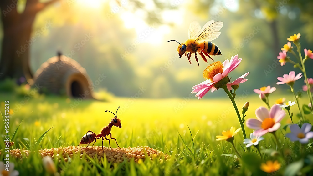 Heartwarming Nature Friends Ant and Bee in a Sunny Meadow. Heartwarming Nature Friends Ant and Bee in a Sunny Meadow.