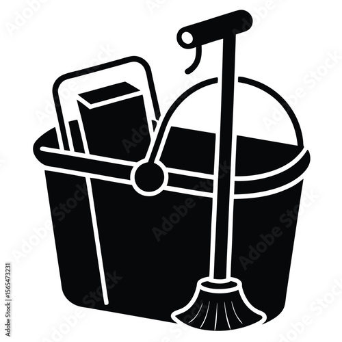 black cleaning supplies bucket and mop clip art preview