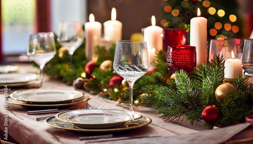 A beautifully decorated Christmas dinner table setting, featuring a wooden table, crystal glassware, white candles, and an evergreen garland