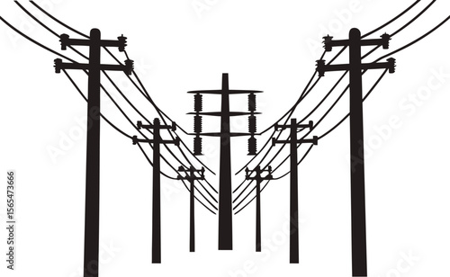 Silhouette High Voltage Power Lines Illustration, Utility Pole Vector Art.