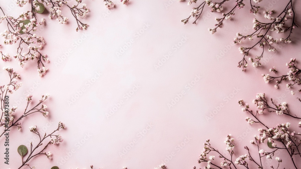 Fototapeta premium A beautiful arrangement of delicate flowers surrounds a soft pink background, creating a serene and elegant display perfect for design projects and seasonal themes.