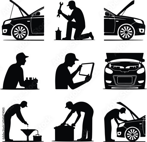 Car Repairman Silhouette Icons – Garage Work Vector Set Mechanic Fixing Car Silhouette Set – Auto Repair Icon Collection