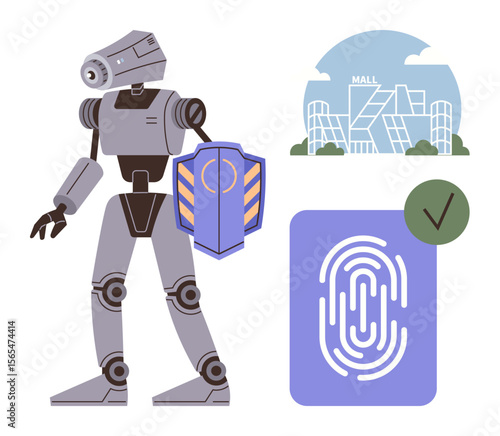 Futuristic robot holding a shield, fingerprint recognition device, secure mall in background, and validation checkmark. Ideal for concepts thumbs up security, technology, automation, innovation
