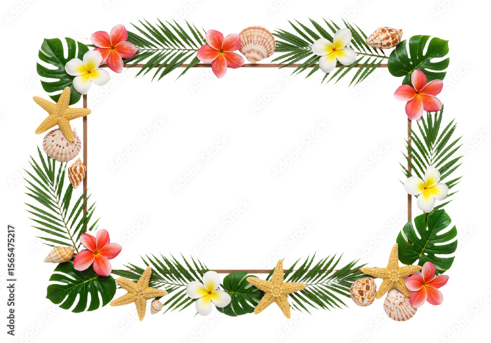 Tropical summer frame with palm leaves and flowers on white background, high-resolution decorative border photo Tropical summer frame with palm leaves and flowers on white background, high-resolution decorative border photo