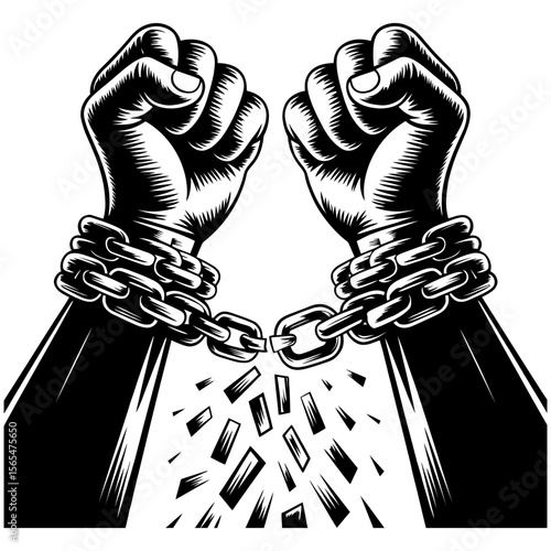 Two fists breaking free from chains illustration