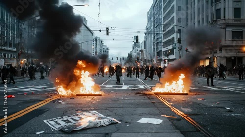 City unrest bloom: riot flame, blocked road, protester cry, explosive blast, smoke swirl, officer shield, chaotic movement, broken pavement, fire streak, urban tension, civil strike