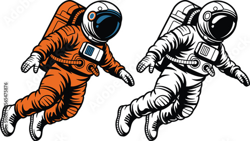 Astronauts floating in space one coloured and one in Silhouette
