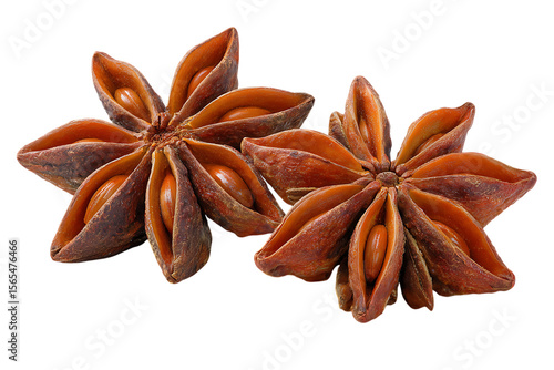 Fototapeta Naklejka Na Ścianę i Meble -  Two star anise spice pods with seeds visible isolated on transparent background