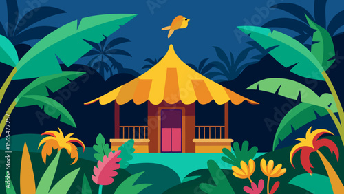 Tropical Night Haven Lush Jungle Bungalow Illustration