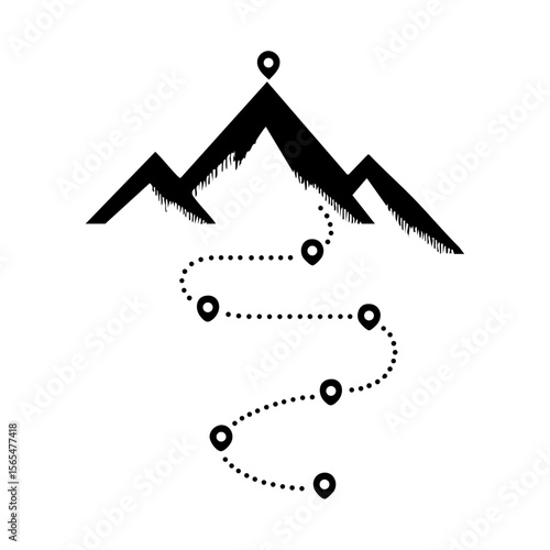 Vector illustration of a mountain with a dotted path and multiple checkpoints leading to the summit, symbolizing planning and personal growth.