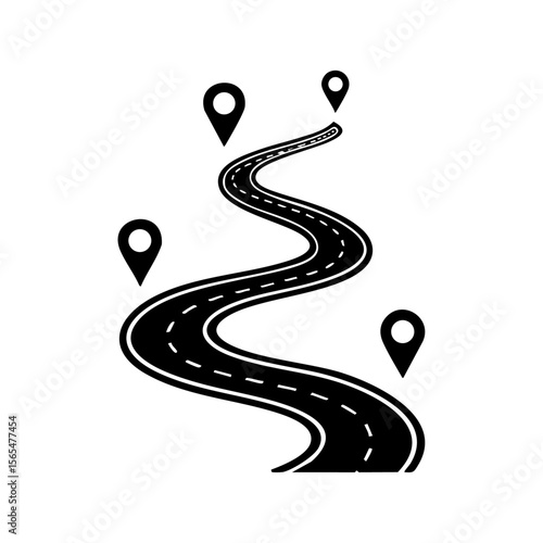Winding road with multiple location pins representing a roadmap, strategic planning, and milestone tracking.
