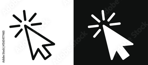 Cursor click icons with starburst effect on black and white backgrounds, symbolizing digital interaction and modern user interface elements