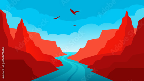 Red and white mountain peaks pierce a dramatic sky, casting silhouettes across a misty, sun-kissed landscape