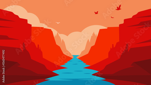 A lone red heart stands silhouetted against a breathtaking mountain landscape at sunrise, veiled in a delicate mist