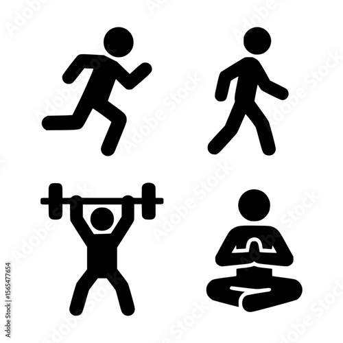 Man walking body building yoga icon set