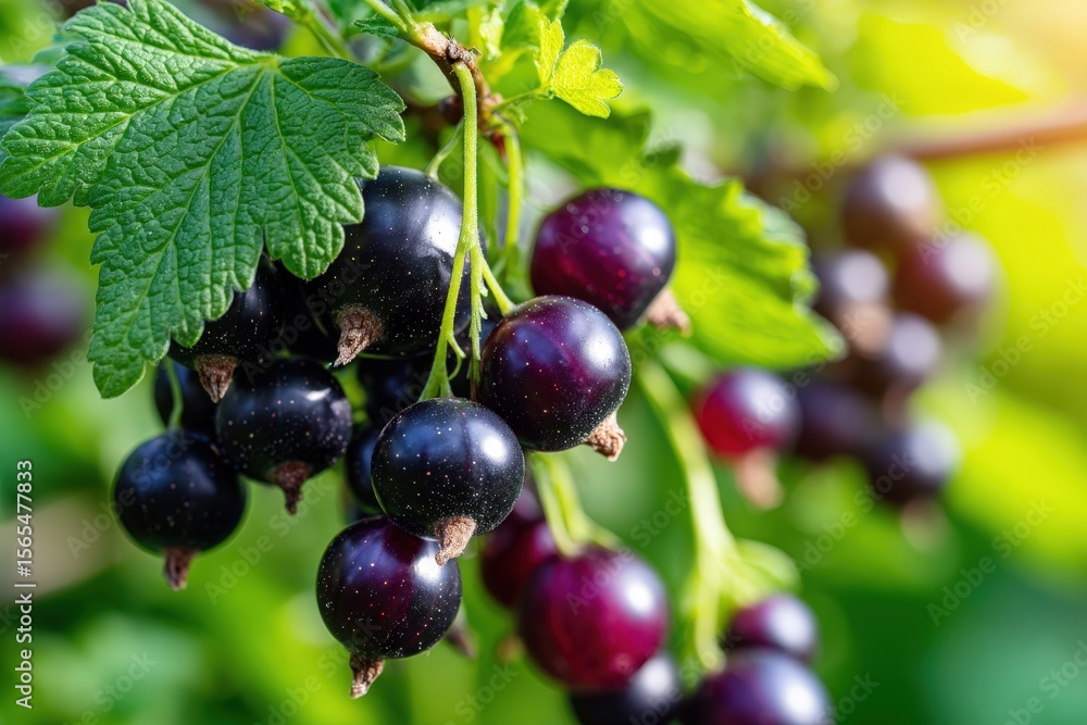 Blackcurrant berries grow on branches with lush green leaves in a sunny garden Blackcurrant berries grow on branches with lush green leaves in a sunny garden