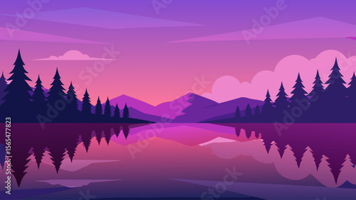 Golden sunrise paints the majestic mountain landscape, reflecting on the tranquil lake with silhouetted trees and morning mist