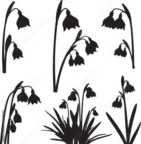 Collection of elegant black snowdrop and bellflower silhouettes, showcasing various natural arrangements and botanical forms, perfect for spring themes, floral designs, and minimalist decor