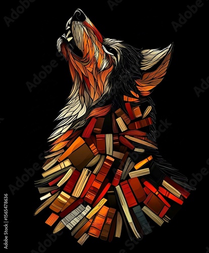 Funny Cartoon Wolf Playing Music with Books Vector Illustration on Black Background