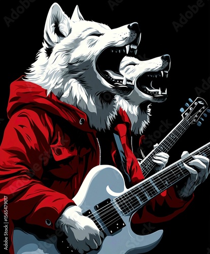 Funny Cartoon Wolf Guitar Character Vector Illustration on Black Background Art Design