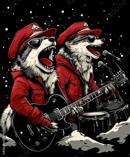 Funny Cartoon Wolf Playing Guitar Vector Illustration on Black Background